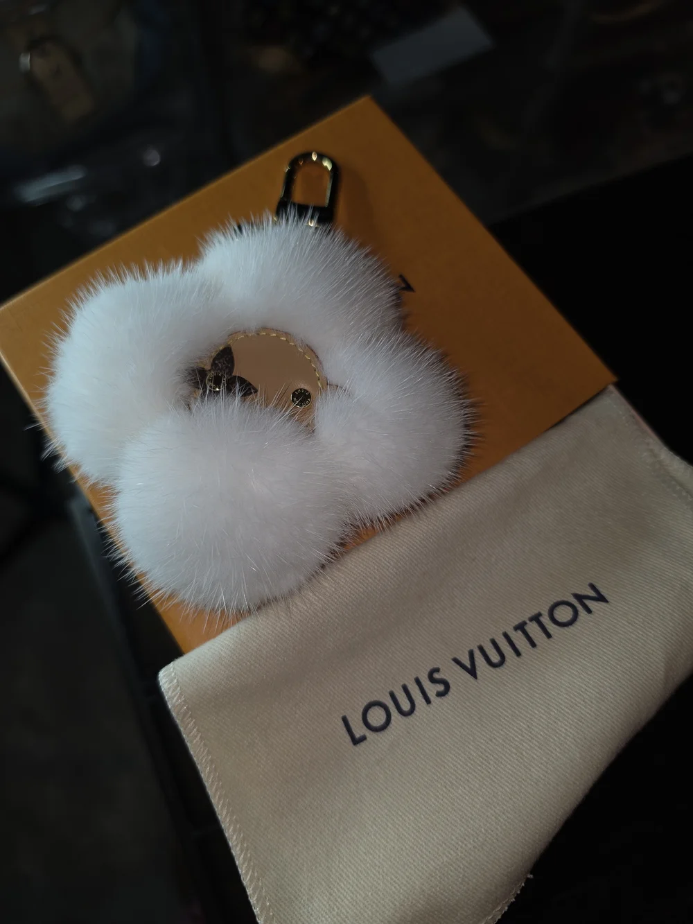 White Fur Pom Keychain with Gold Hardware - Louis Vuitton